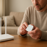 home router and smart device setup on kitchen counter with cable