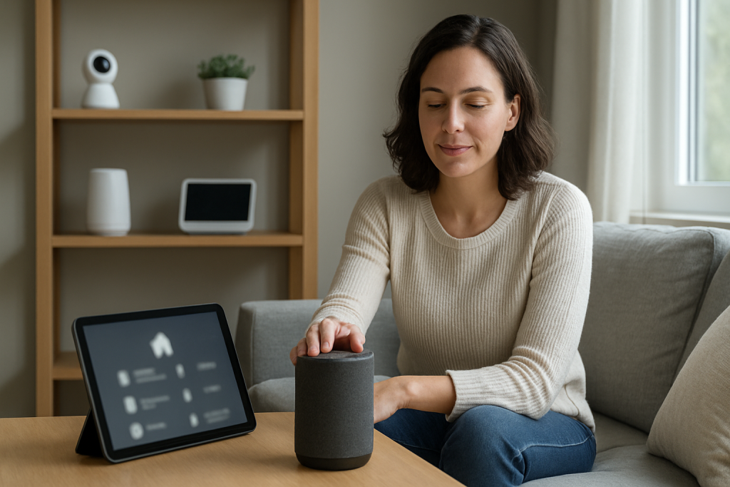person checking smart speaker settings in a bright living room