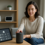 person checking smart speaker settings in a bright living room