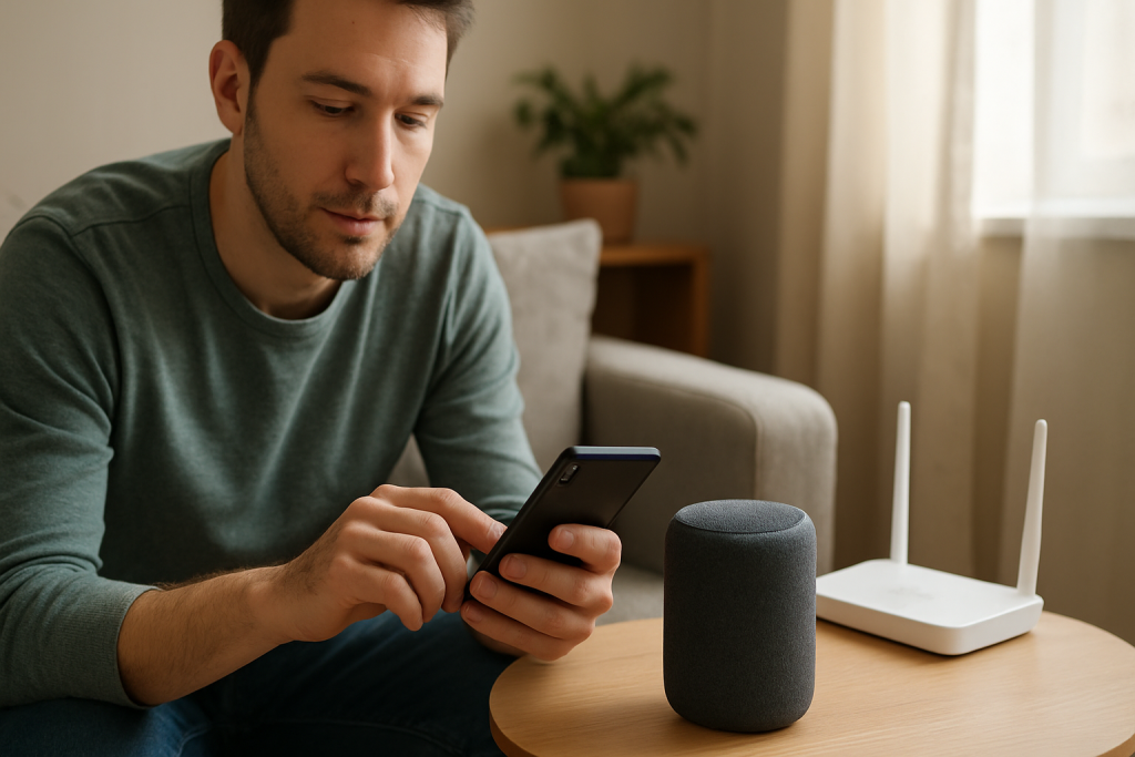 Person troubleshooting a smart speaker with a phone and router nearby