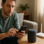 Person troubleshooting a smart speaker with a phone and router nearby