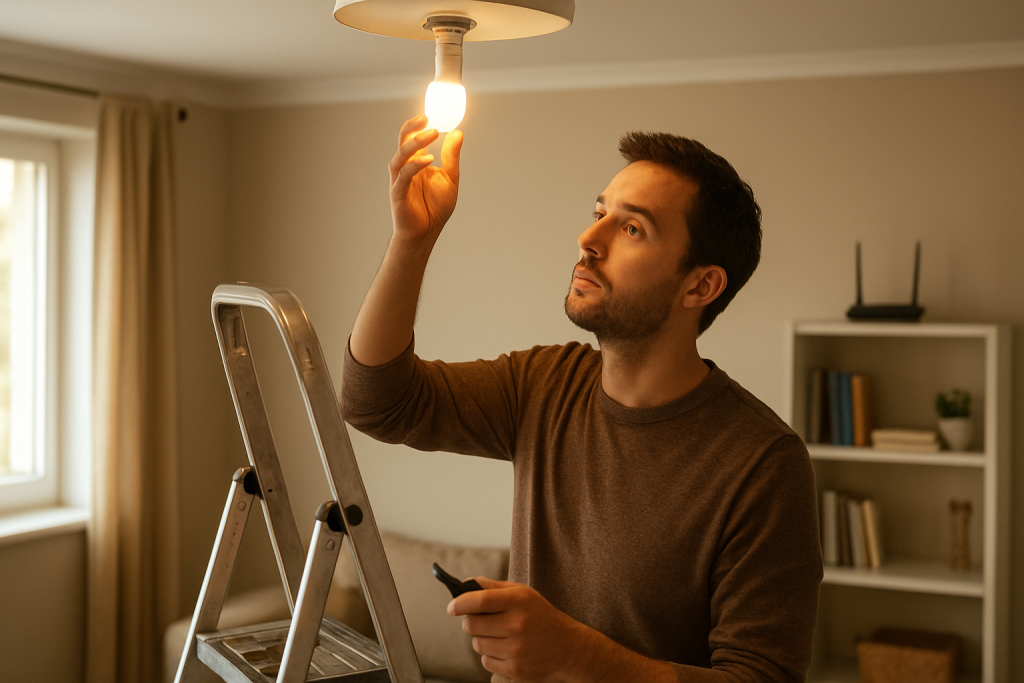 person checking smart bulb in ceiling fixture next to router and tools