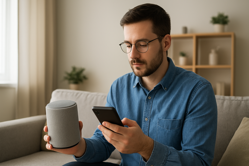 person troubleshooting a smart speaker in a living room