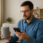 person troubleshooting a smart speaker in a living room