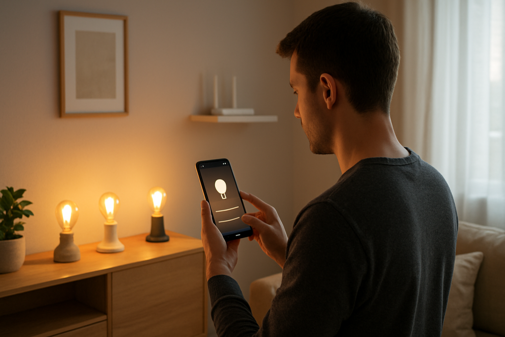 person adjusting home lighting with a smartphone near smart bulbs