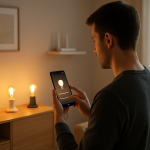 person adjusting home lighting with a smartphone near smart bulbs