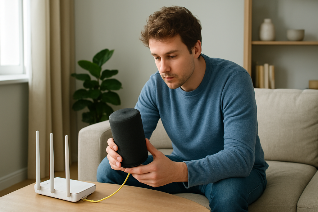 person checking smart speaker and router in a living room