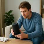person checking smart speaker and router in a living room