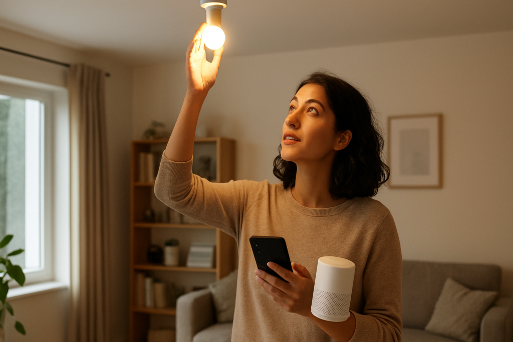 Person checking smart bulb and voice assistant connection indoors