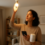 Person checking smart bulb and voice assistant connection indoors
