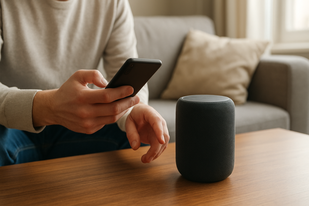 person relinking music service on smart speaker with phone