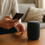 person relinking music service on smart speaker with phone