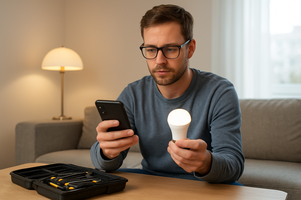 person troubleshooting a smart bulb with phone and tools at home