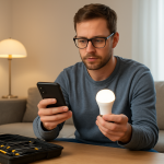 person troubleshooting a smart bulb with phone and tools at home
