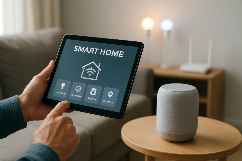 Person troubleshooting smart home devices with a tablet in a living room