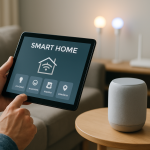 Person troubleshooting smart home devices with a tablet in a living room