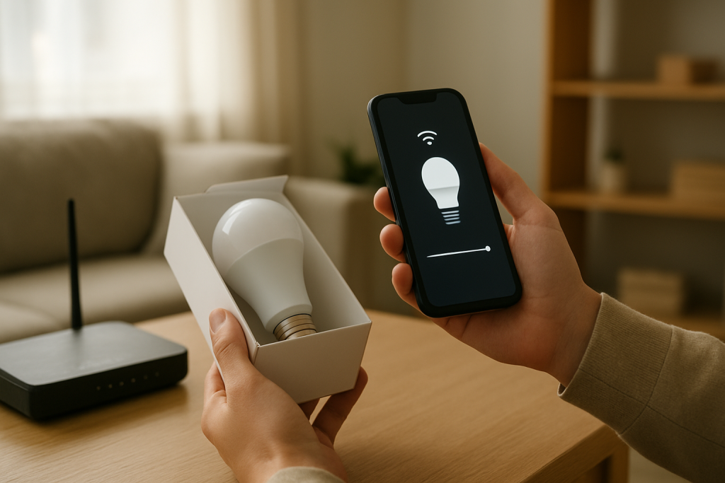 person troubleshooting a smart bulb with router and smartphone nearby