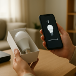 person troubleshooting a smart bulb with router and smartphone nearby