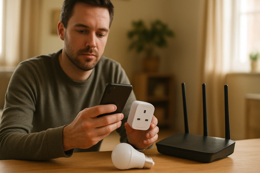 home router and smart plug setup on table with smartphone nearby