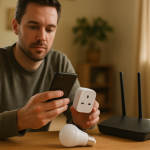 home router and smart plug setup on table with smartphone nearby