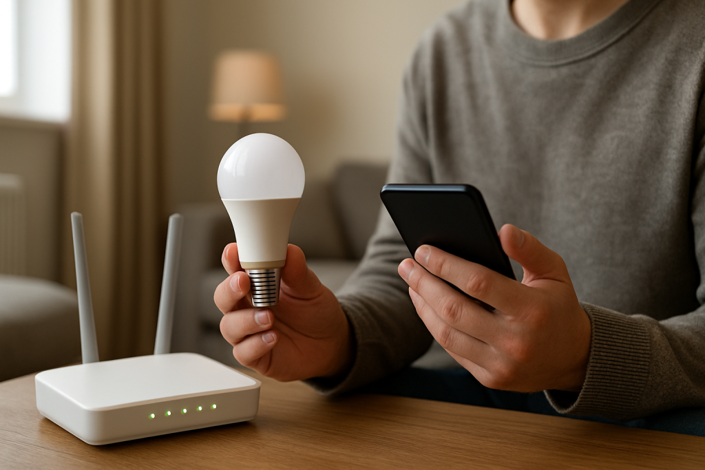 person troubleshooting smart bulb near router and home lighting