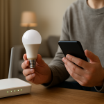 Smart Bulb Wont Pair to 2.4GHz WiFi How to Fix It person troubleshooting smart bulb near router and home lighting