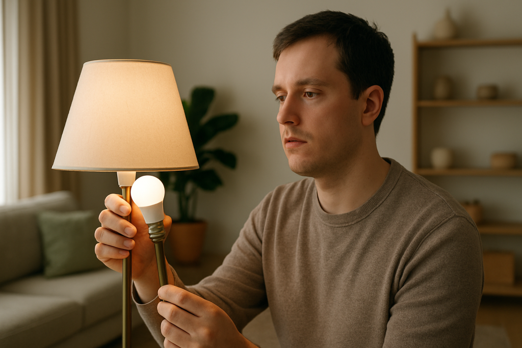 hand adjusting a smart bulb in a living room near a lamp and sofa