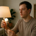 hand adjusting a smart bulb in a living room near a lamp and sofa