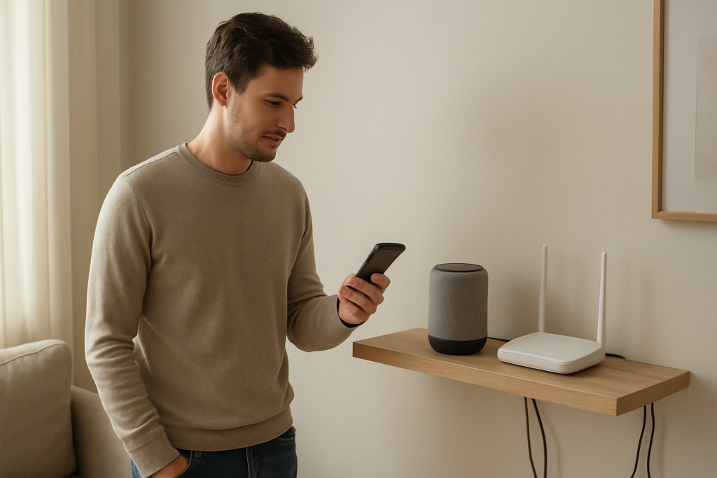 Person checking home speaker and router with smartphone nearby