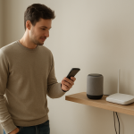 Person checking home speaker and router with smartphone nearby