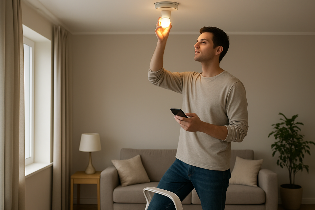 Close up of a person troubleshooting a smart bulb in a living room