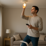 Close up of a person troubleshooting a smart bulb in a living room