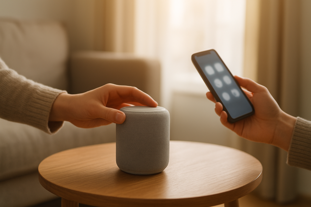 person checking smart speaker settings in a living room at home