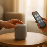 person checking smart speaker settings in a living room at home