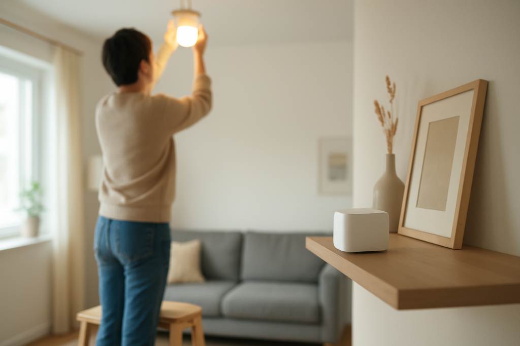 person checking smart bulb and WiFi router in living room