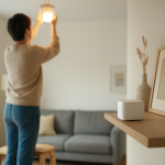 person checking smart bulb and WiFi router in living room