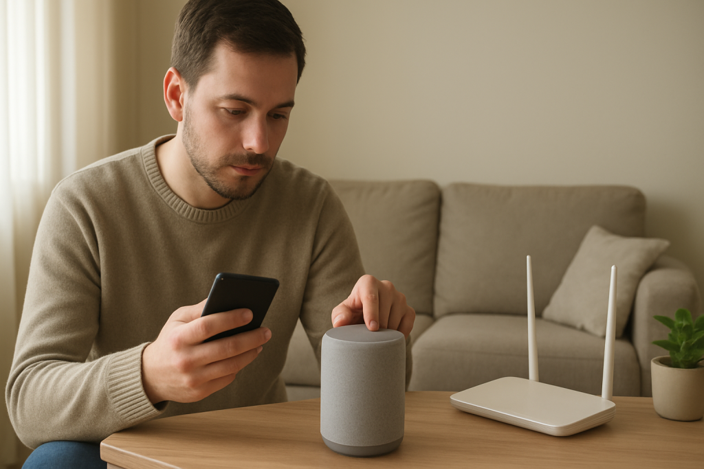 person checking smart speaker settings near router and smartphone