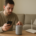 person checking smart speaker settings near router and smartphone