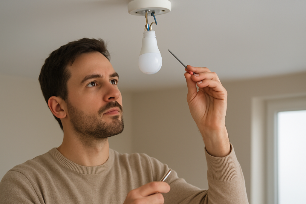 Close up of smart light bulb socket and wiring being inspected
