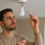 Close up of smart light bulb socket and wiring being inspected