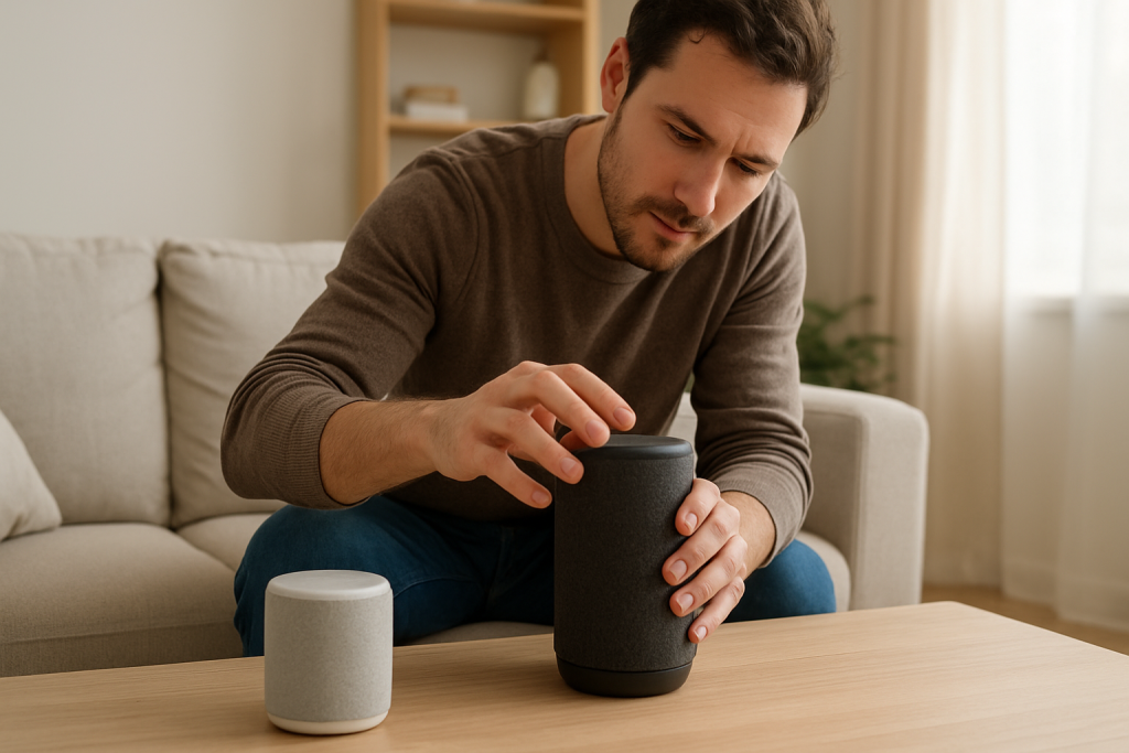 Person adjusting a portable speaker near a smart speaker in a living room