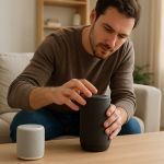 Person adjusting a portable speaker near a smart speaker in a living room