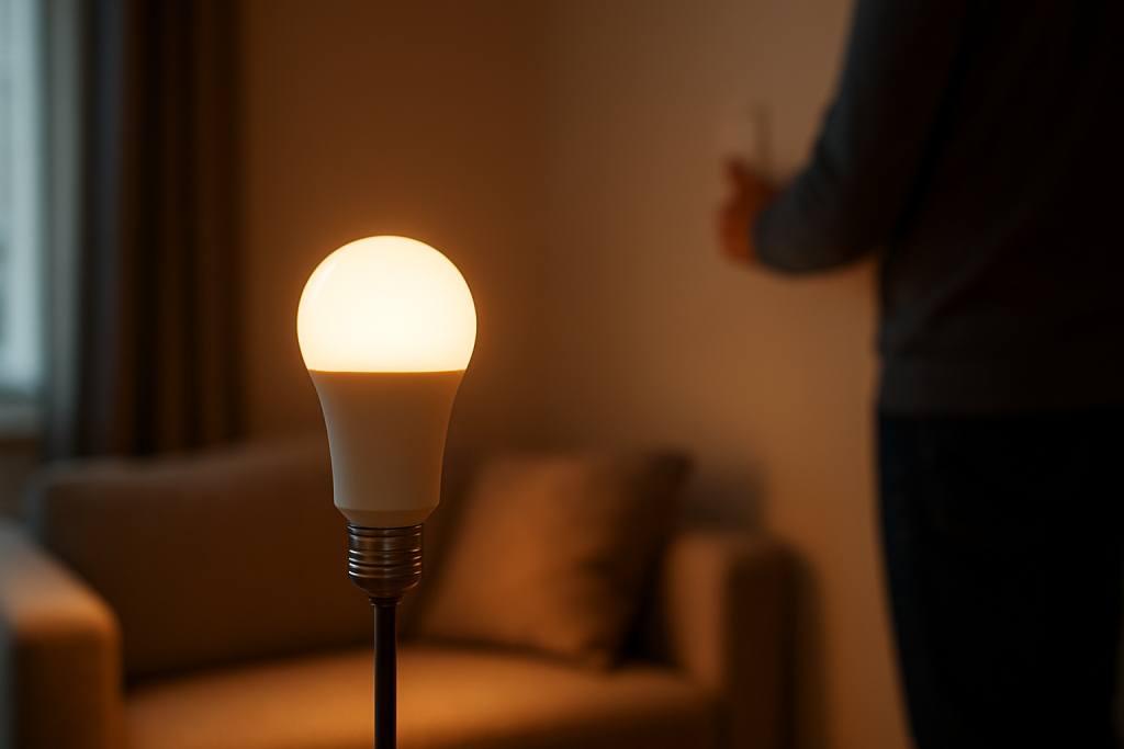 Close up of a dimmable smart bulb glowing in a living room setting