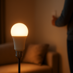Close up of a dimmable smart bulb glowing in a living room setting