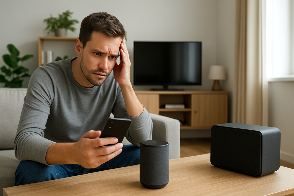 person troubleshooting smart speaker and phone near home speakers