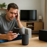 person troubleshooting smart speaker and phone near home speakers