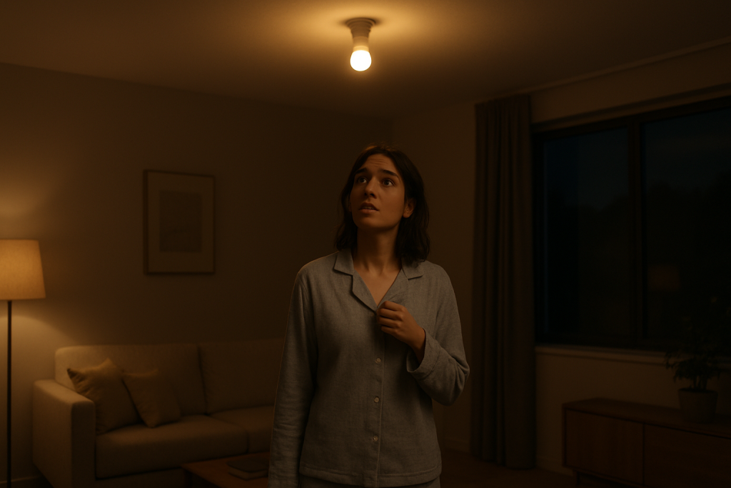 living room smart light turning on at night with visible light source