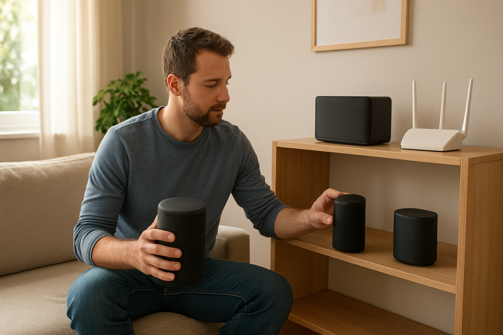 living room speakers and homeowner checking network and speakers