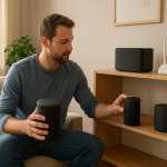 living room speakers and homeowner checking network and speakers