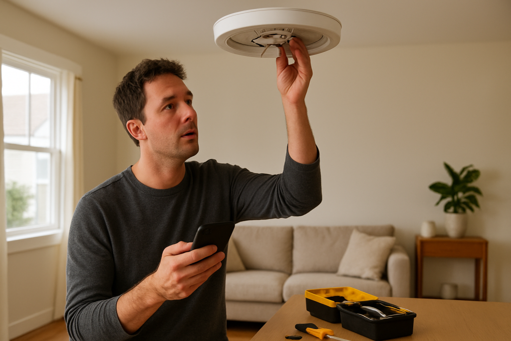 person inspecting a smart light fixture with smartphone and tools